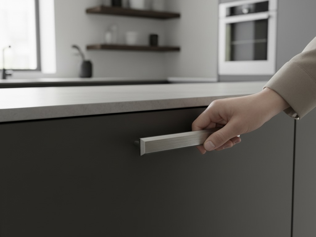 Uchwyty aluminiowe srebrne szczotkowane w montażu na frontach meblowych